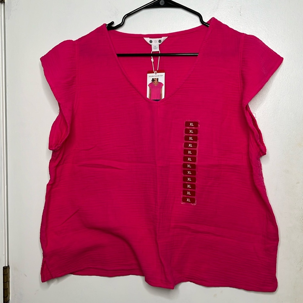 NWT XL Three Dots Cotton Gauze Flutter Sleeve Hot Pink Top